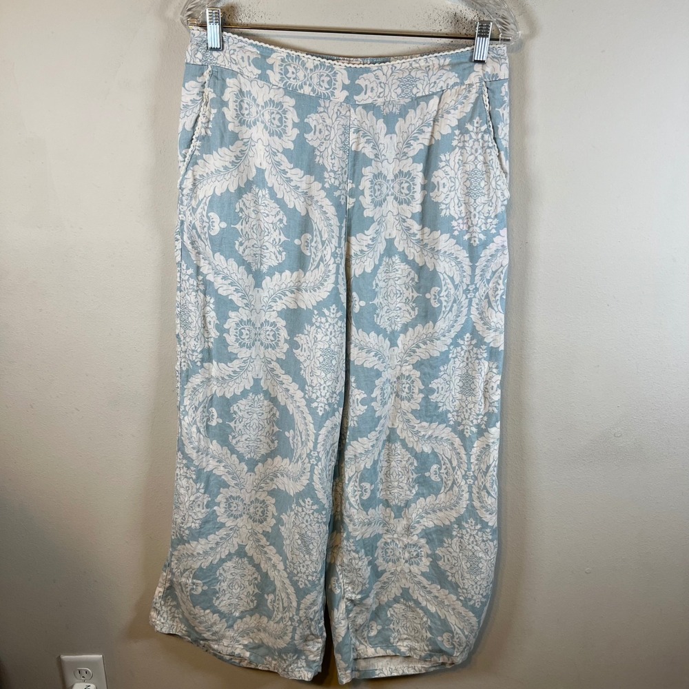 Laura Ashley Womens Pants 100% Linen Damask Print Blue Size L